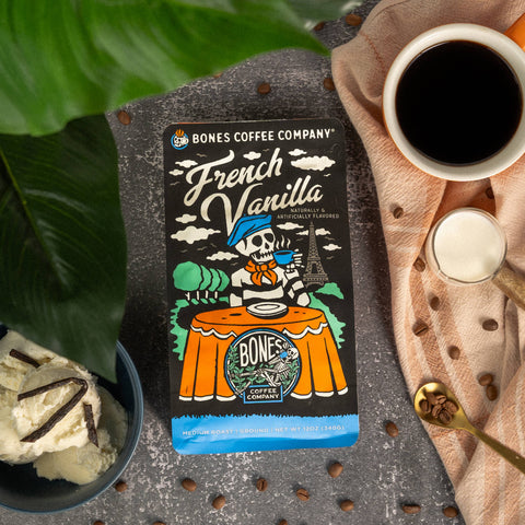 Bones Coffee Company - French Vanilla Flavored Coffee | 12oz | Whole Bean & Ground