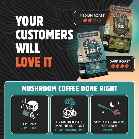 Bones Coffee Company - Better Brain Mushroom Coffee | Medium Roast | 10oz