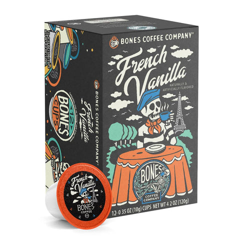 Bones Coffee Company - French Vanilla Coffee Pods | 12 Count | Flavored Coffee