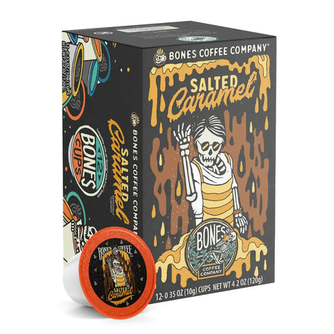 Bones Coffee Company - Salted Caramel Coffee Pods | 12 Count | Flavored Coffee