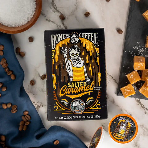 Bones Coffee Company - Salted Caramel Coffee Pods | 12 Count | Flavored Coffee