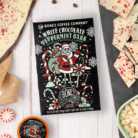 Bones Coffee Company - White Chocolate Peppermint Bark Christmas Coffee | Pods | 12