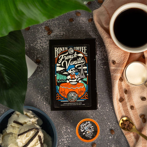 Bones Coffee Company - French Vanilla Coffee Pods | 12 Count | Flavored Coffee