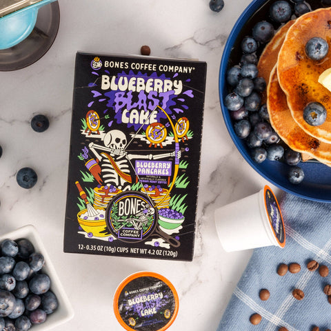Bones Coffee Company - Blueberry Blast Coffee Pods | 12 Count | Flavored Coffee