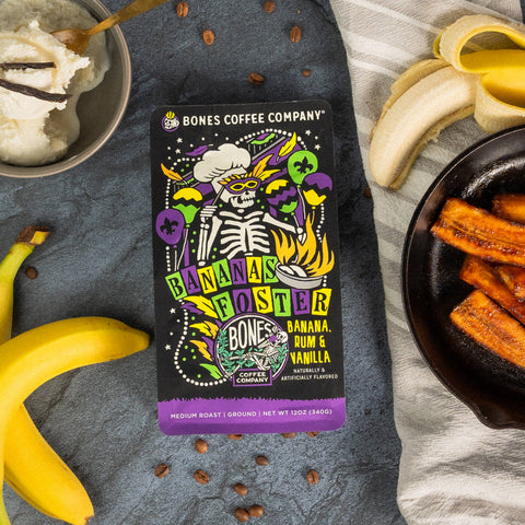 Bones Coffee Company - Bananas Foster Flavored Coffee | 12oz | Whole Bean & Ground