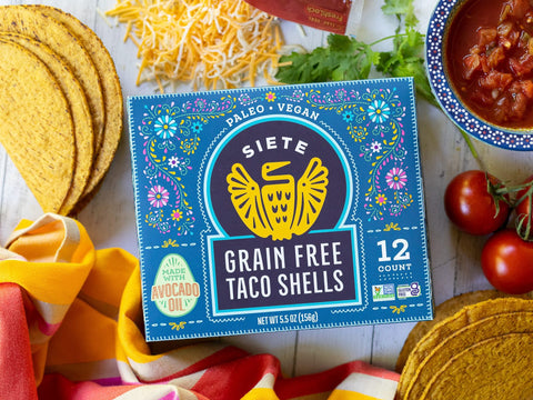 Siete Grain Free Taco Shells with ingredients on a table